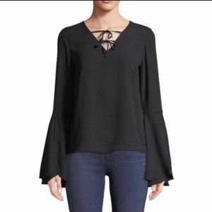 V Neck Split Bell Sleeve Black Top Medium